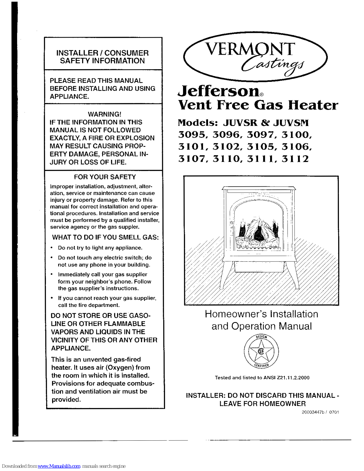 Vermont Castings Jefferson JUVSR3096, Jefferson JUVSR3191, Jefferson JUVSR3097, Jefferson JUVSR3100, Jefferson JUVSR3102 Installation Manual