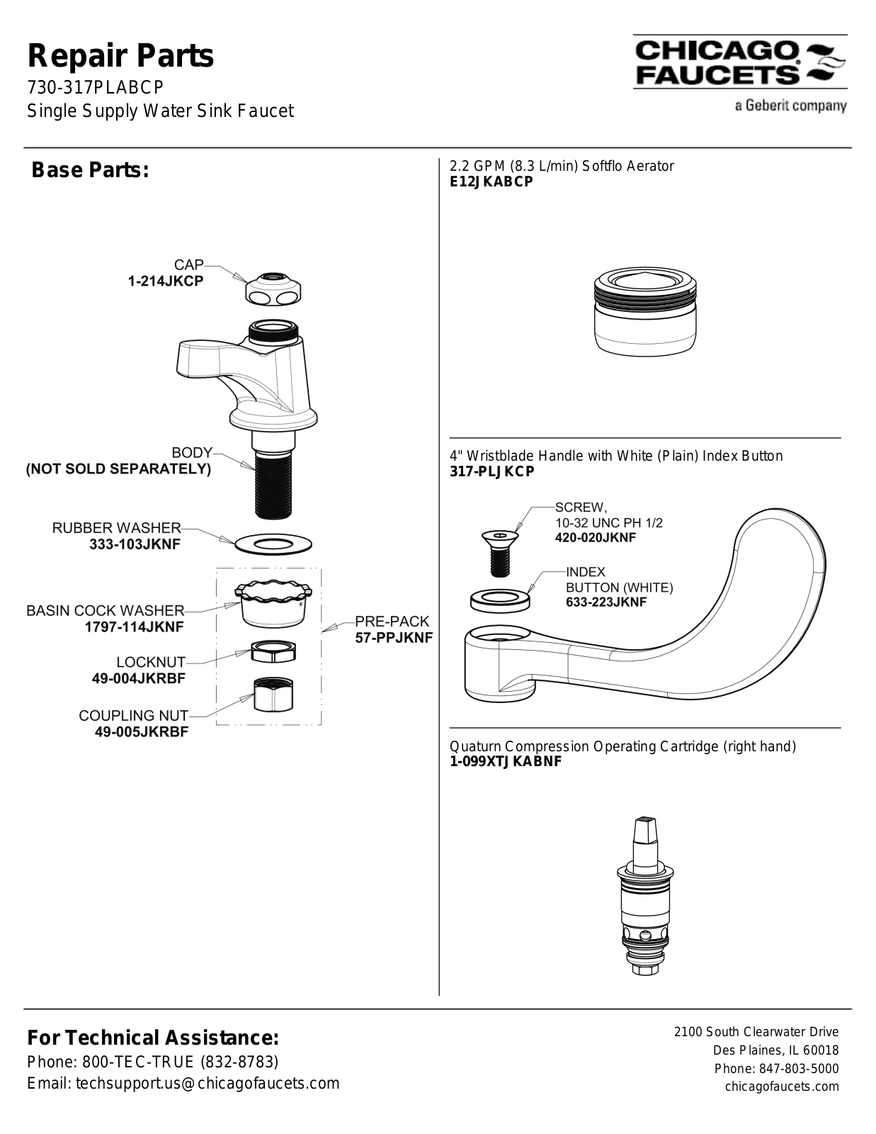 Chicago Faucet 730-317PLABCP Parts List