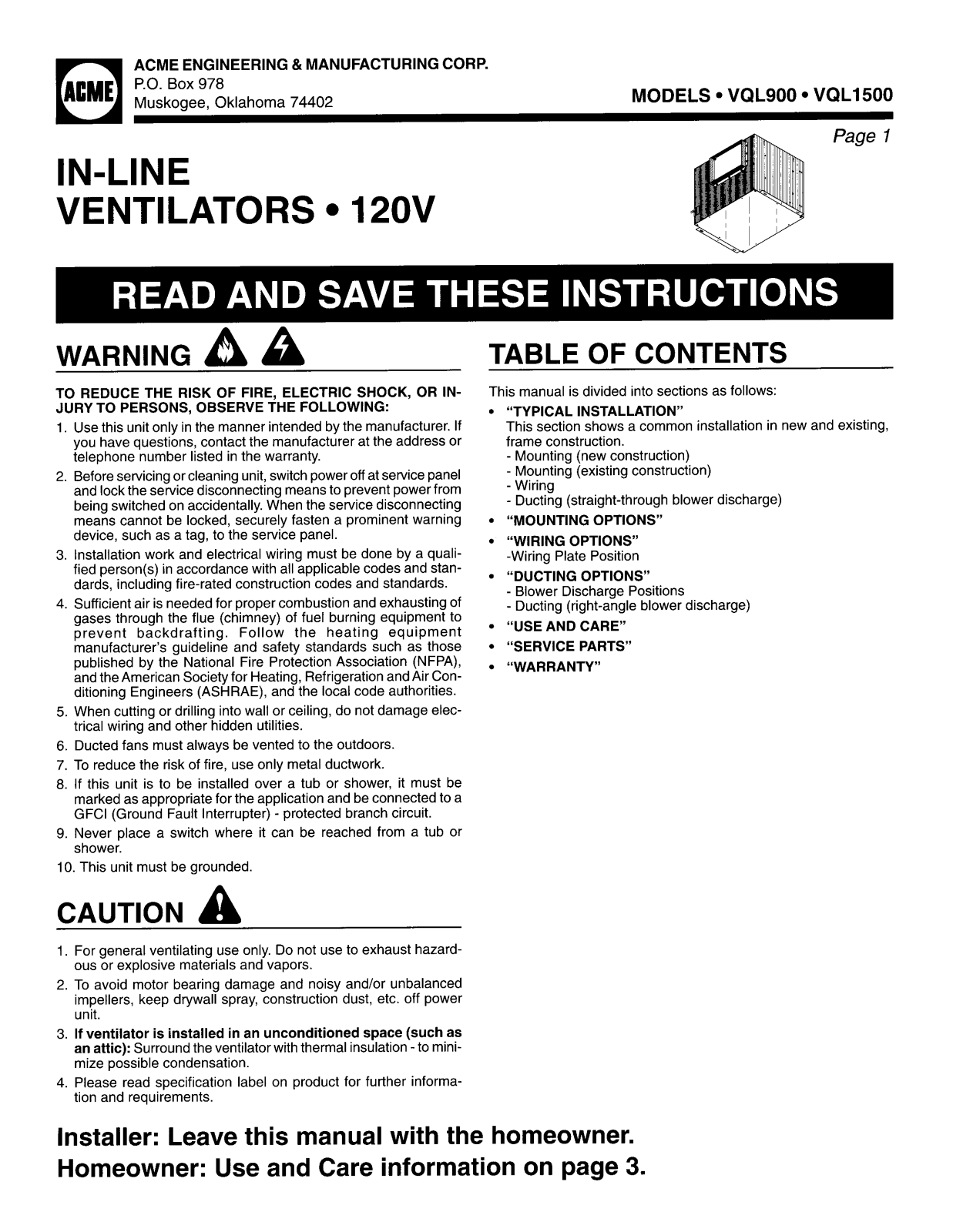 Acme Engineering VQL1500 Installation  Manual