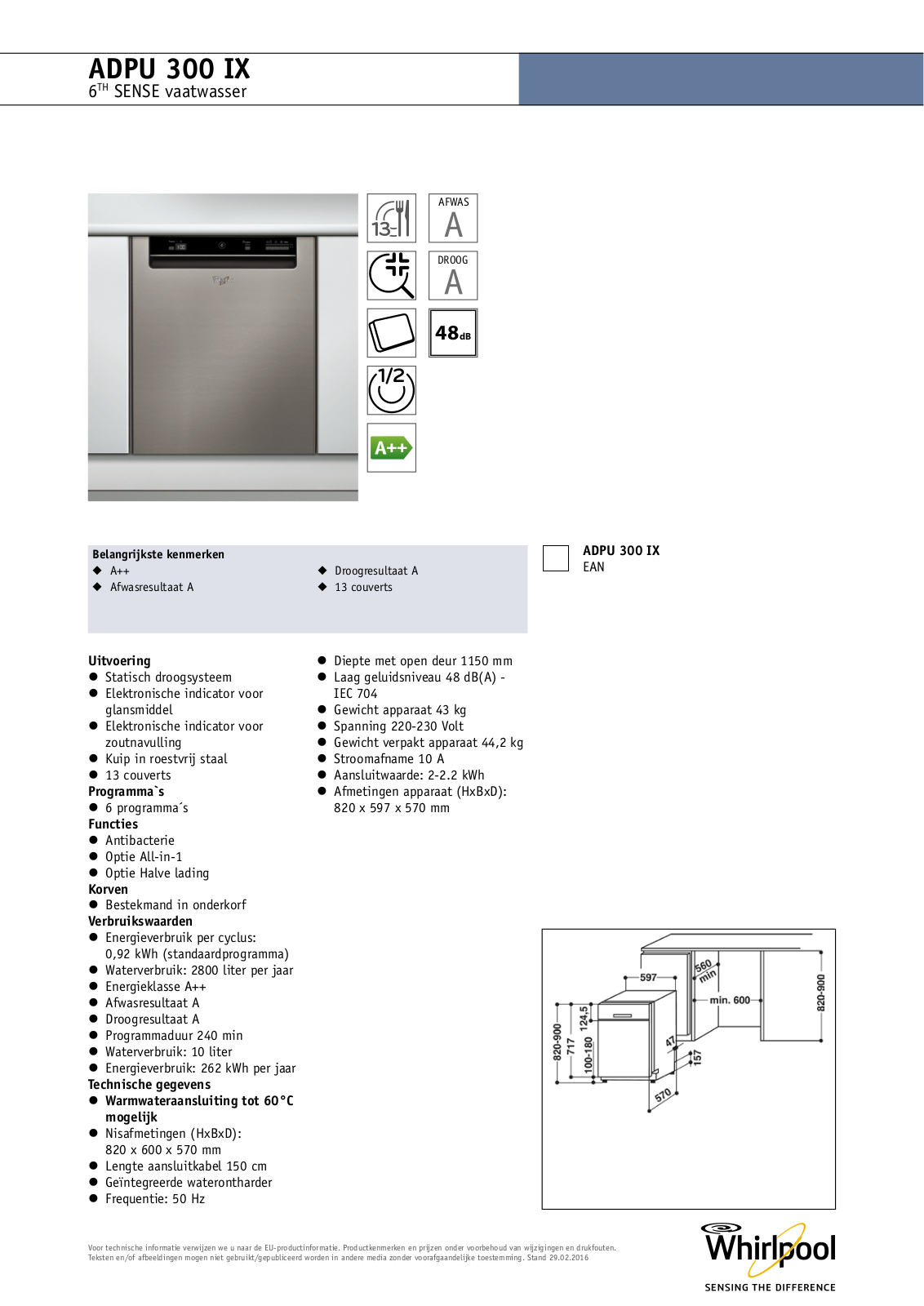 Whirlpool ADPU 300 IX INSTALLATIE INSTRUCTIE