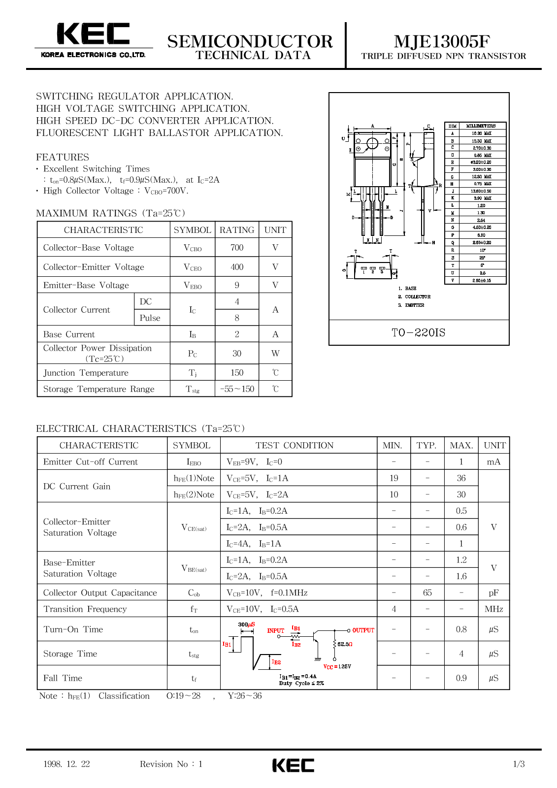 KEC MJE13005F Datasheet