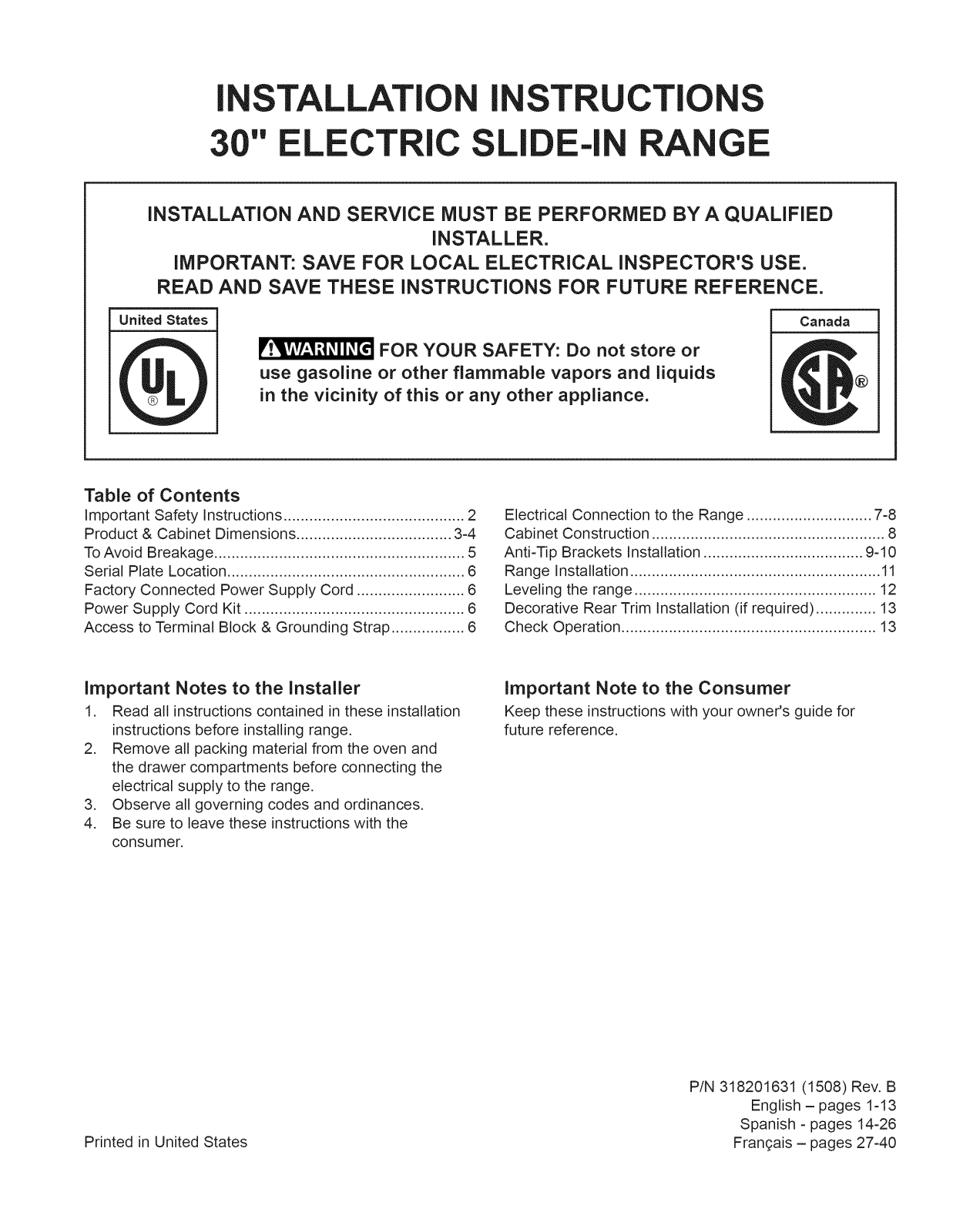 Kenmore 79042529313, 79042532315, 79042623311, 79042623312, 79042623313 Installation Guide