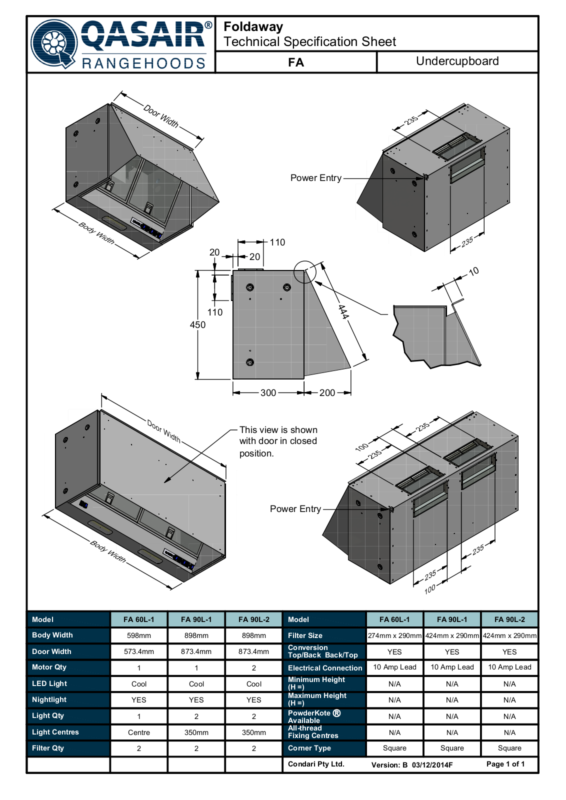 Qasair FA60L1B, FA60L1T, FA90L1T, FA90L2B, FA90L2T Specifications Sheet