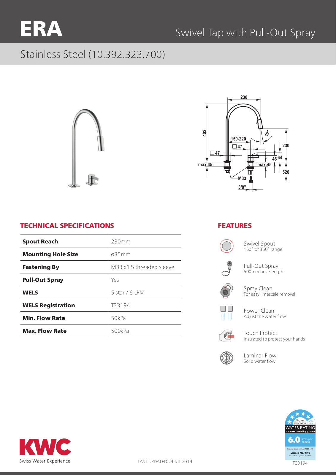 KWC 10392323700 Specifications Sheet