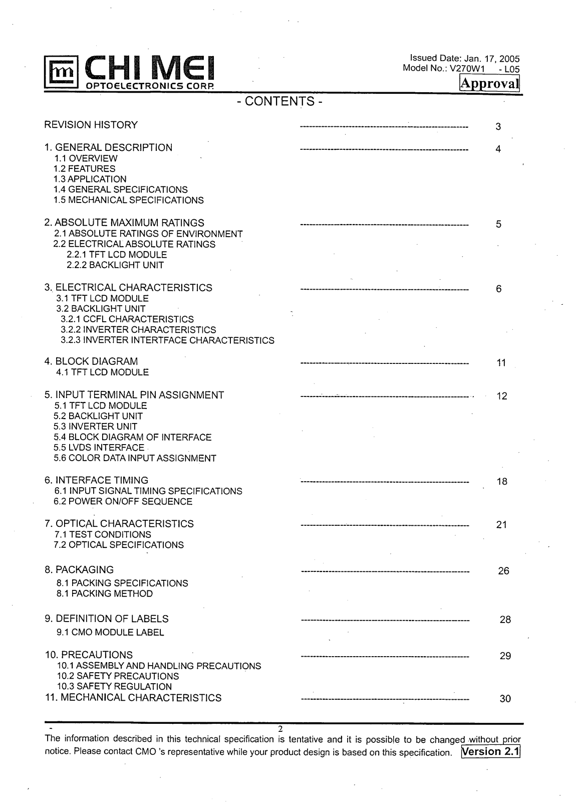 CMO V270W1-L05 Specification