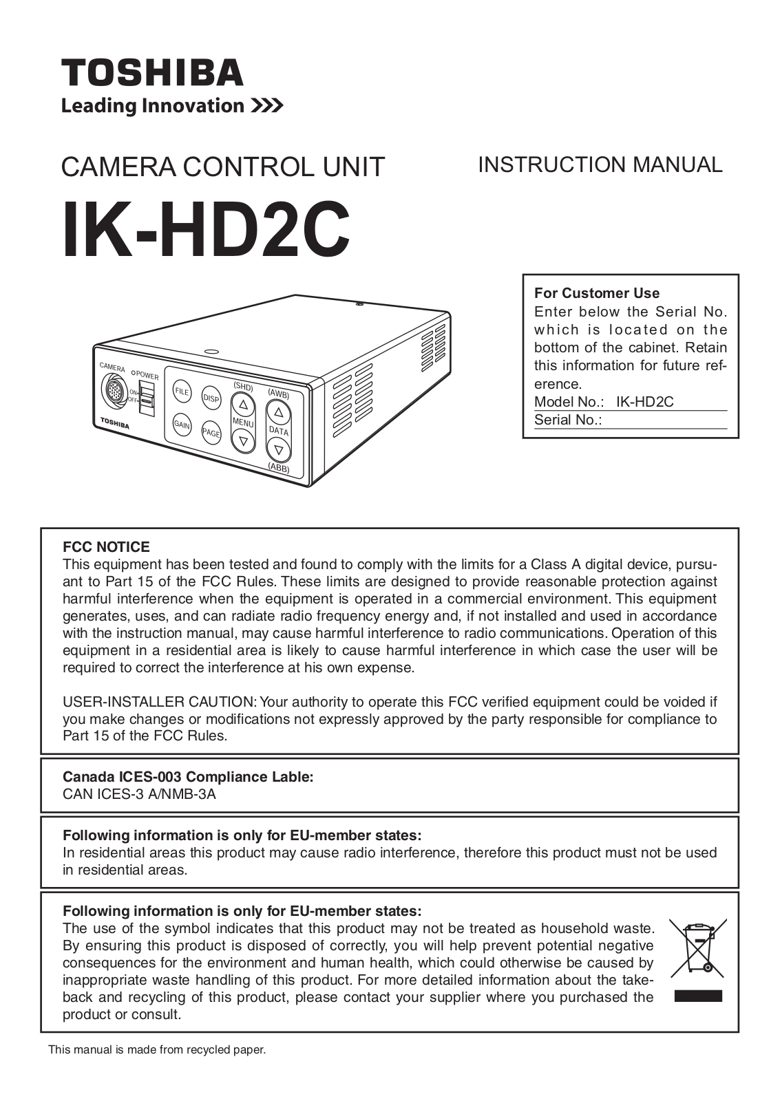 Toshiba IK-HD2C User Manual