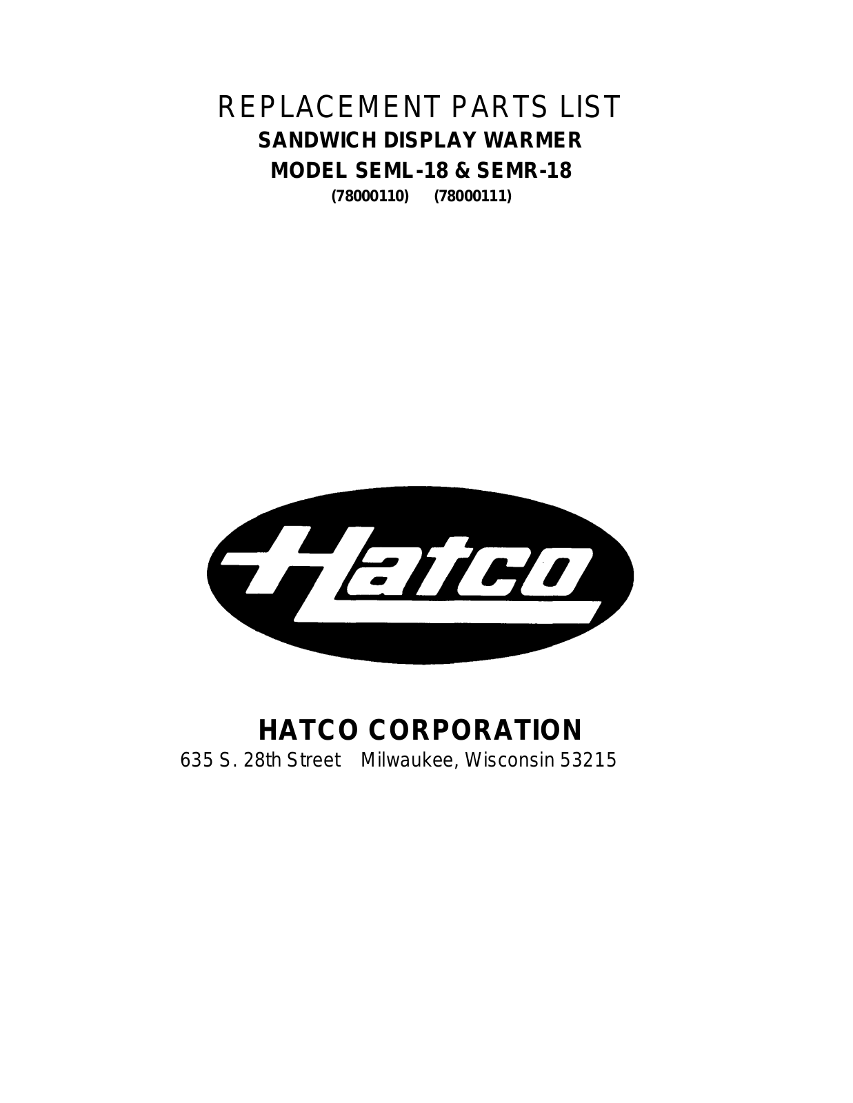 Hatco SEML-18 Parts List