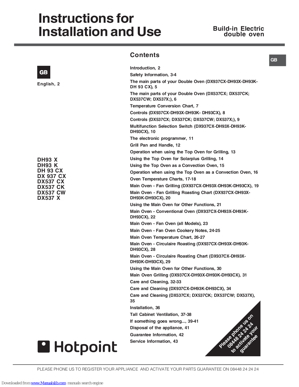 Hotpoint DH93 Instructions For Installation And Use Manual