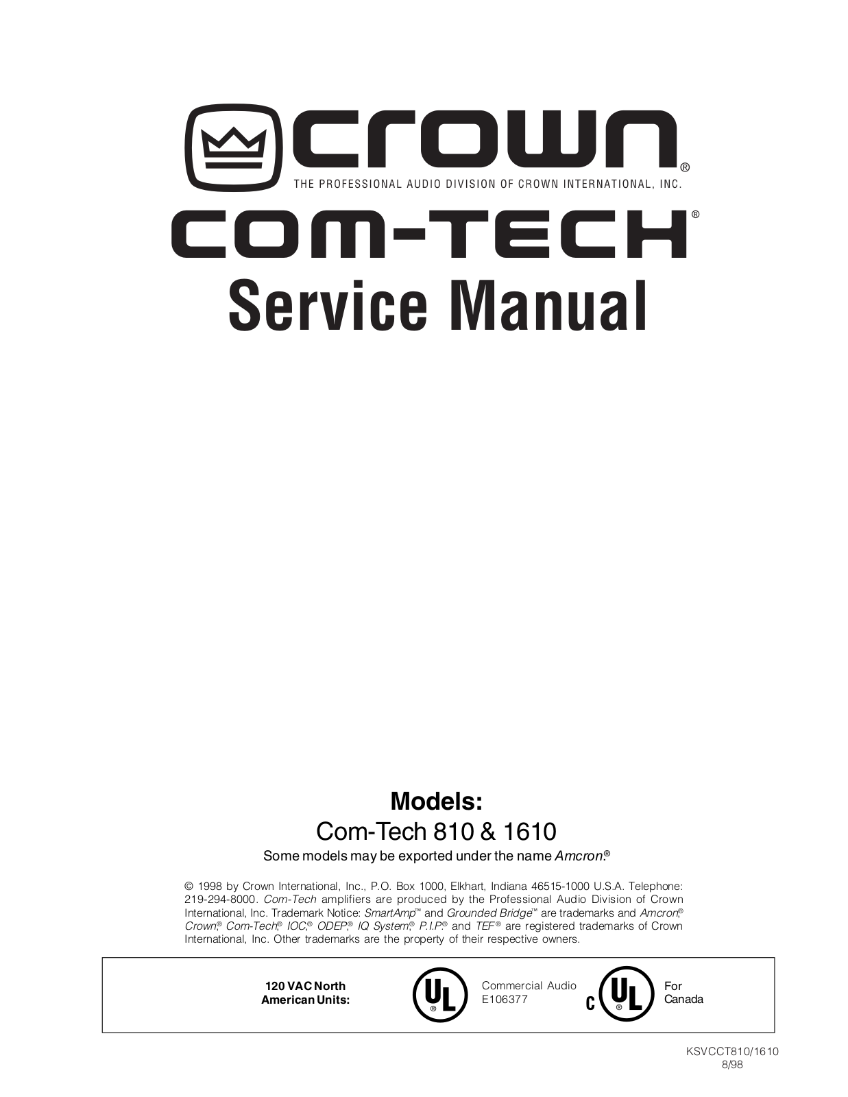 Crown Com Tech 1610, Com Tech 810, CT-1610, CT-810 Service manual