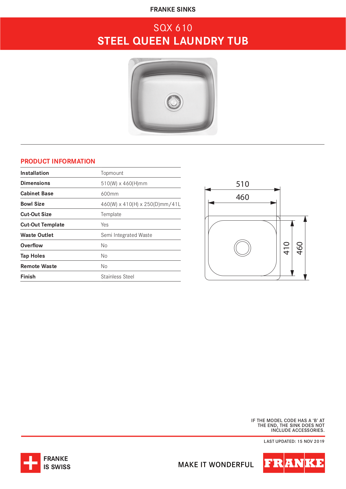 Franke SQX610 Specifications Sheet