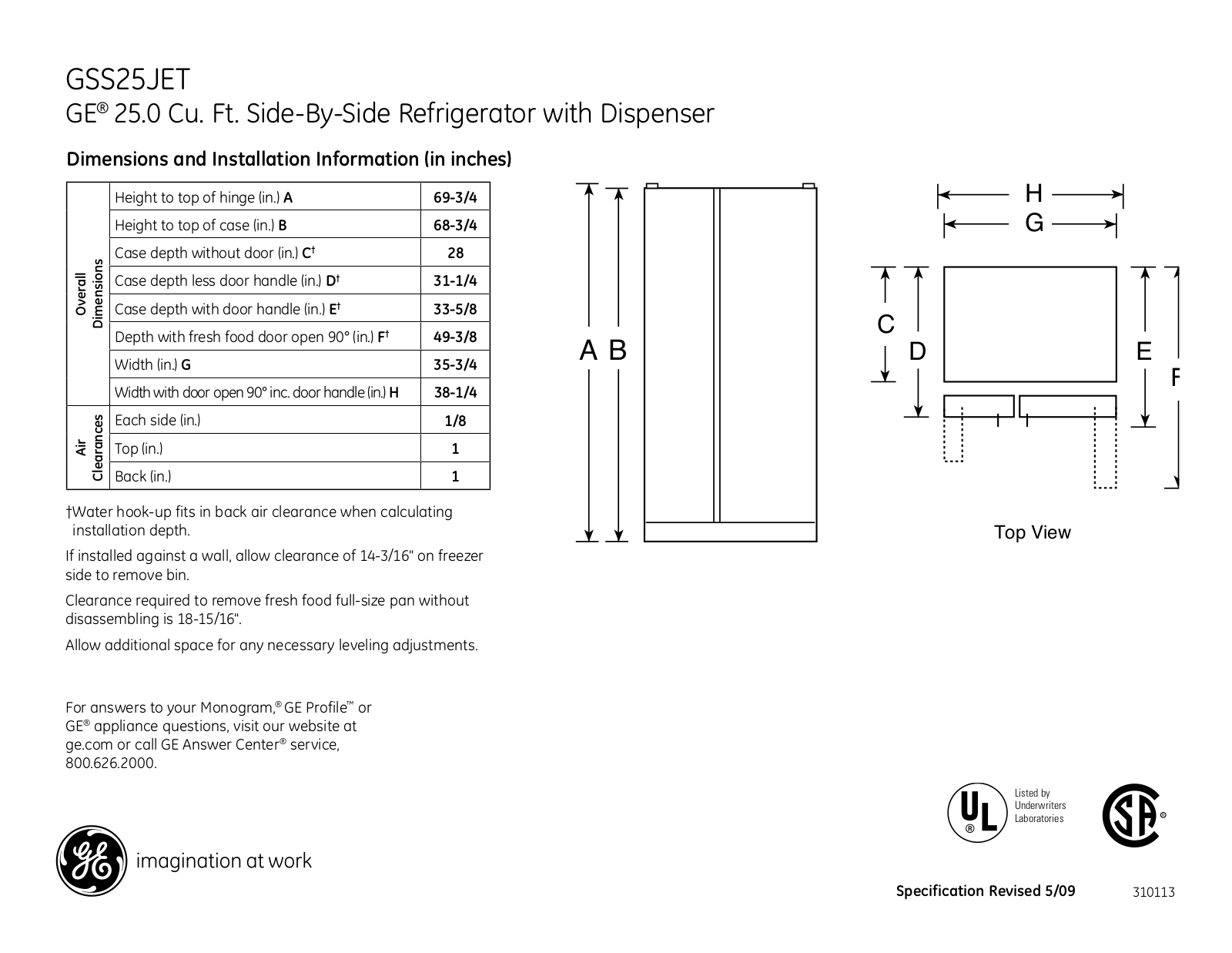 GE GSS25JET Specification