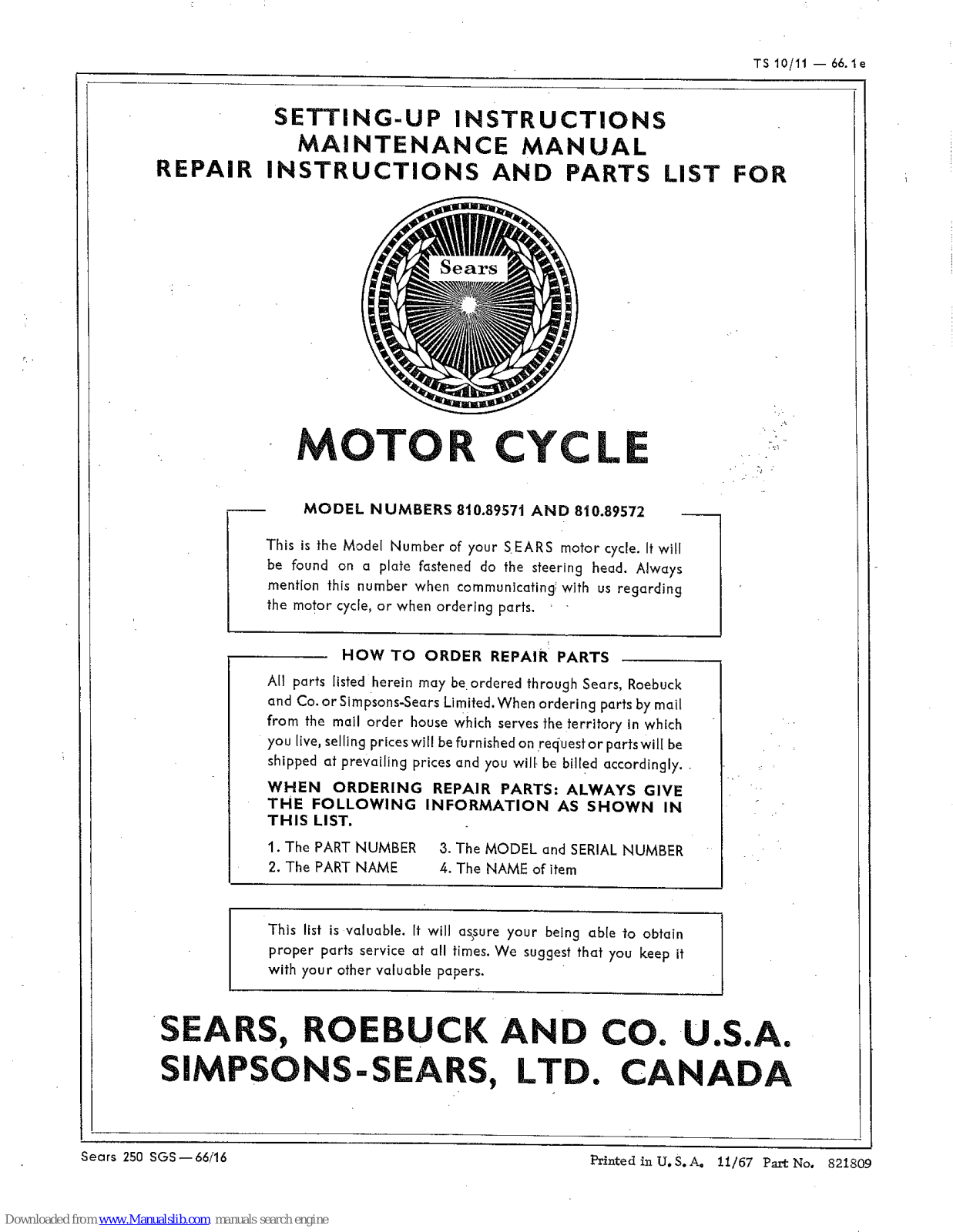 Sears 810.89571,810.89572 Setting Up Instructions And Parts List