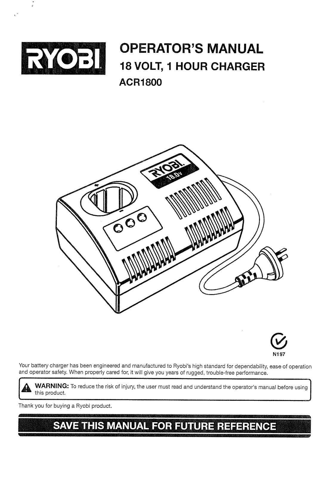 Ryobi 18V MONO PORT CHARGER NICAD ONLY ACR1800G User Manual