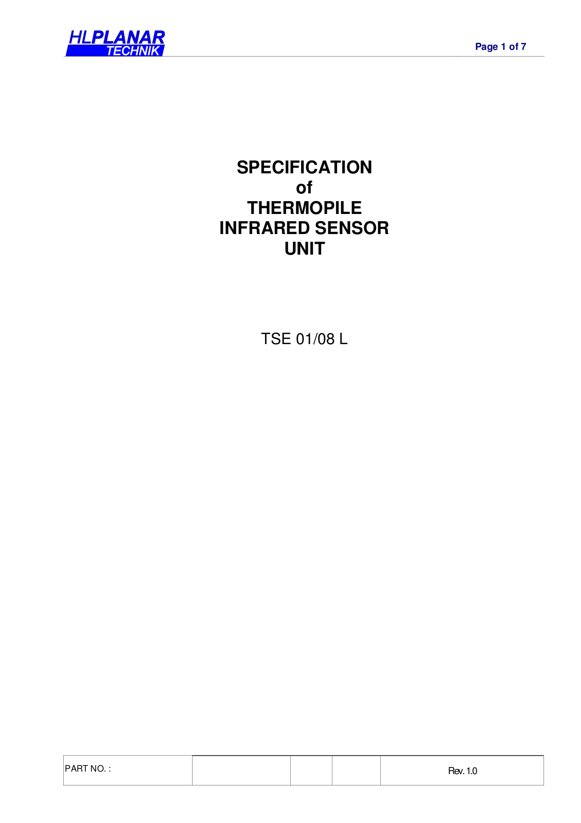 HLPLANAR THERMOPILE INFRARED SENSOR UNIT Specification