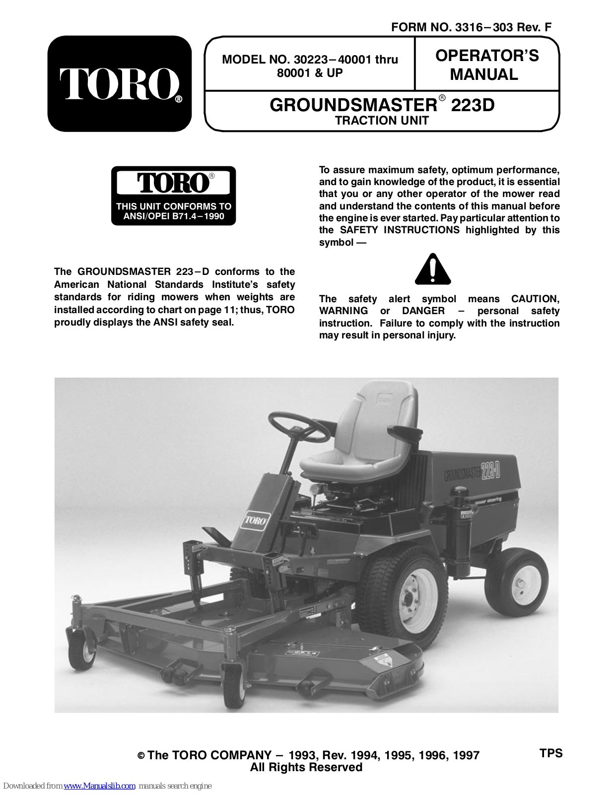 Toro Groundsmaster 223D, 30243 Groundsmaster 223D, 30243TE Groundsmaster 223D, 30223, 30789-80248 Operator's Manual