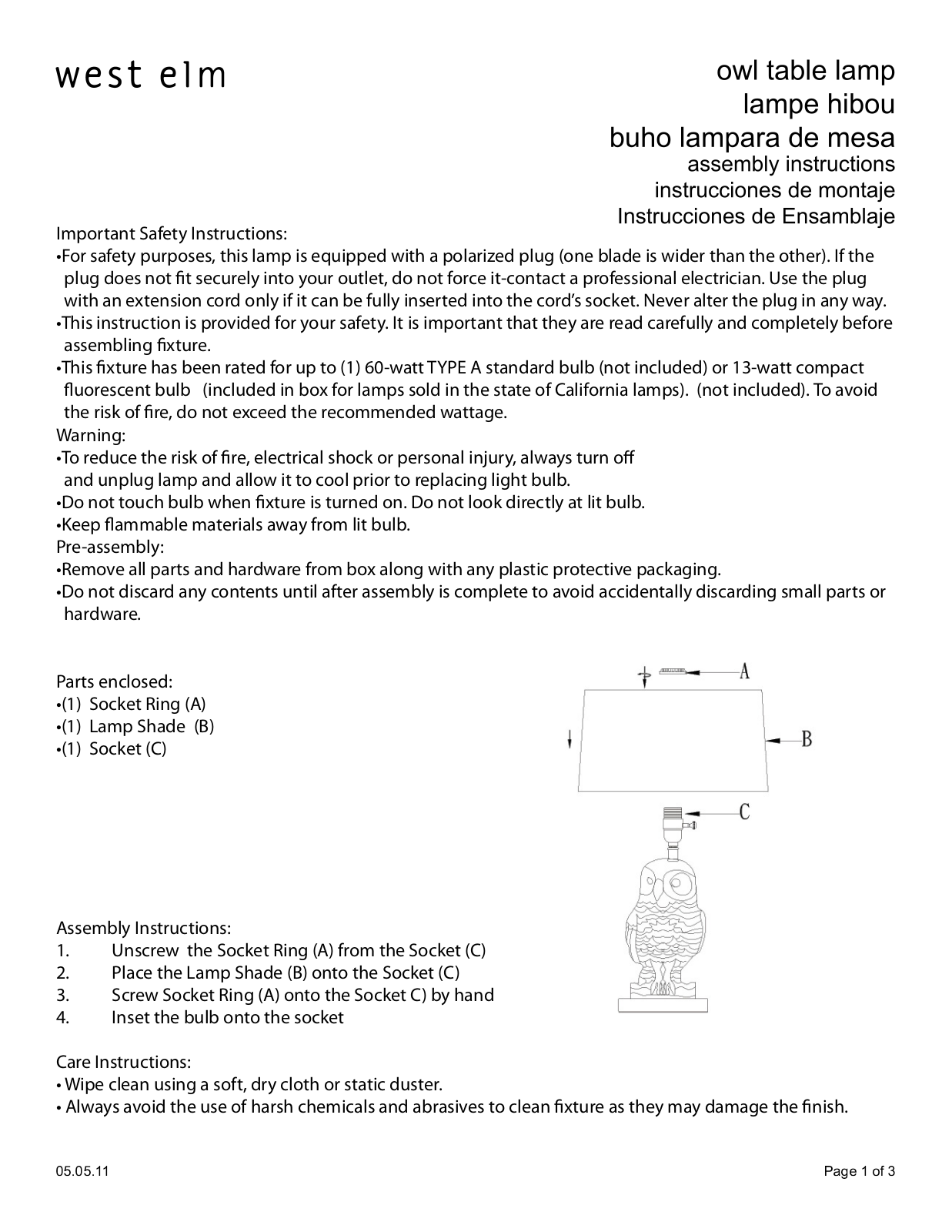 West Elm Owl Table Lamp Assembly Instruction