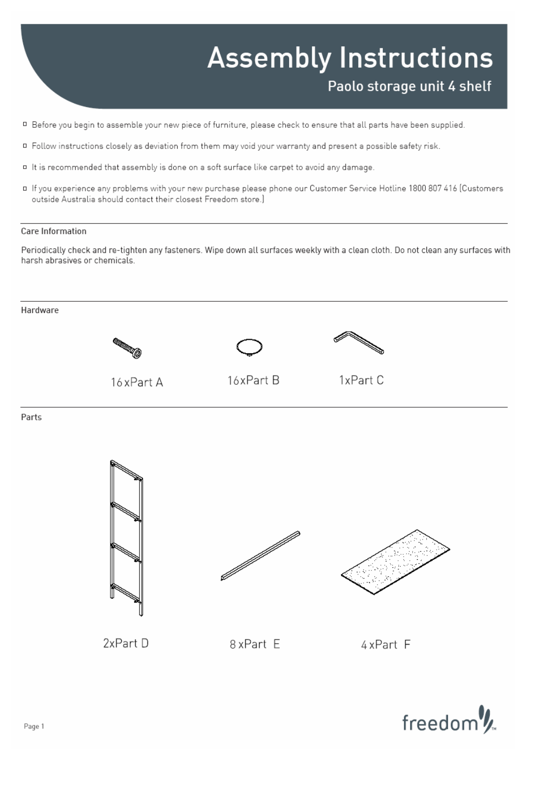 Freedom Paolo Storage Unit 4 Shelf Assembly Instruction