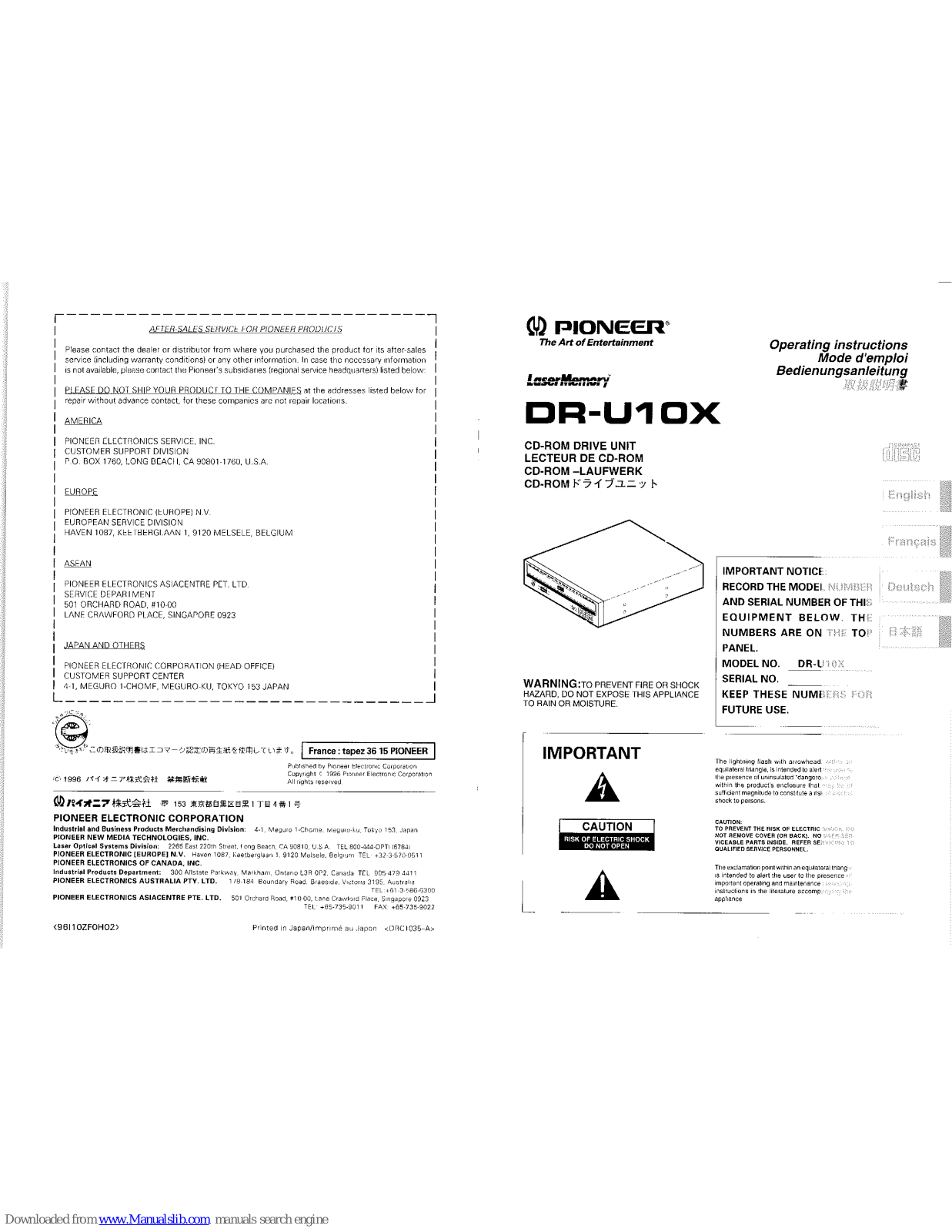 Pioneer LaserMemory DR-U10X Operating Instructions Manual