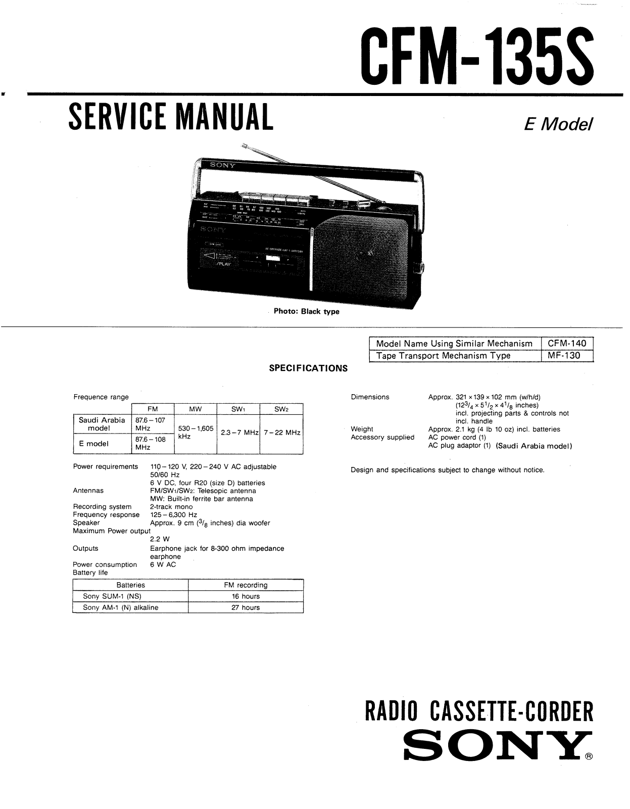 Sony CFM-135-S Service manual