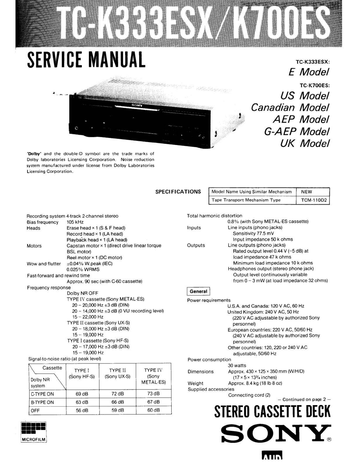 Sony tc-k700es Service Manual