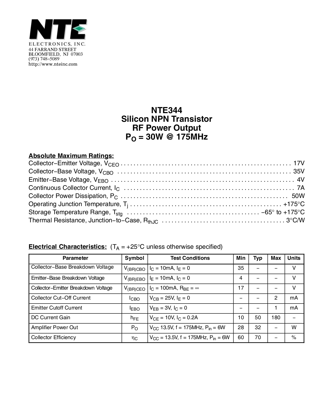 Datasheet NTE344 Specification - ManualMachine.com