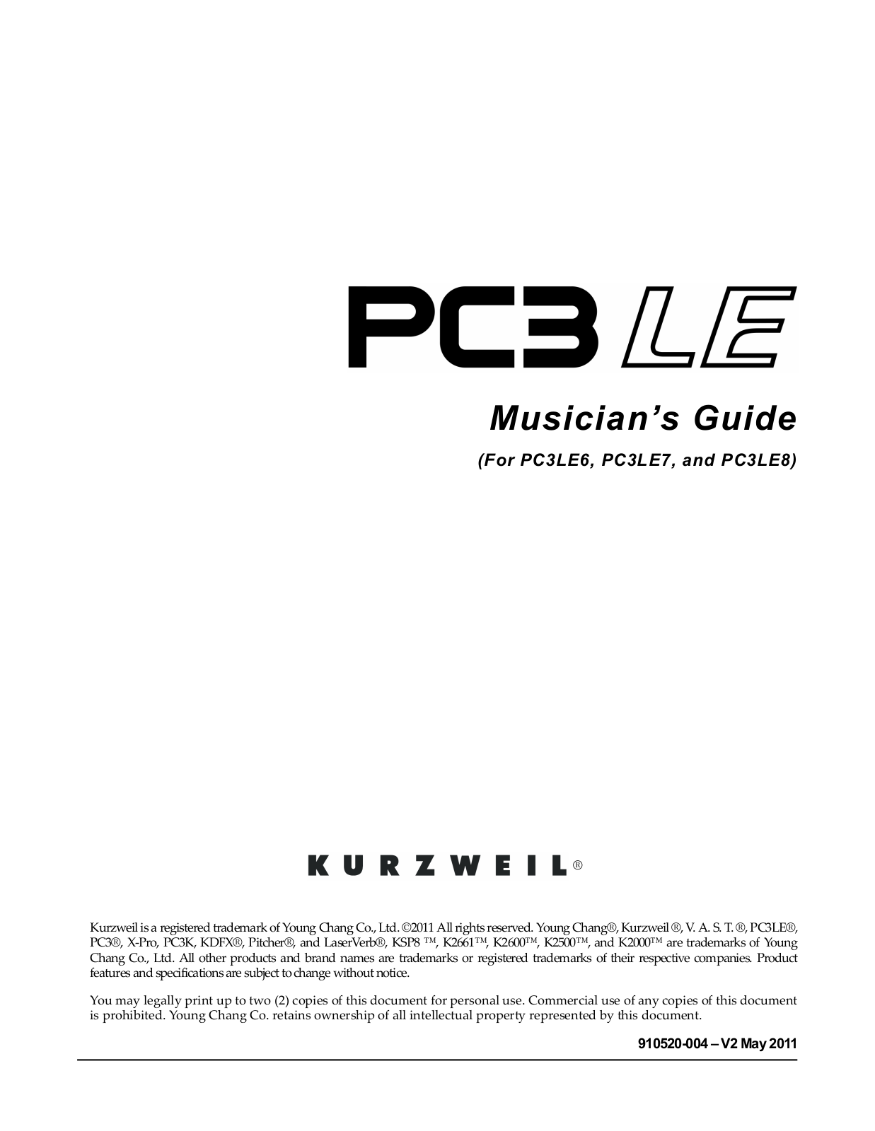 Kurzweil PC3LE6, PC3LE7, PC3LE8 Musician’s Guide