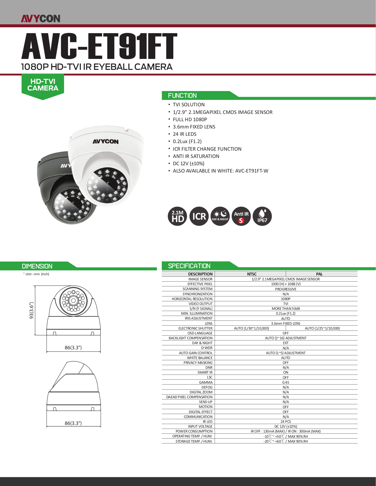 Avycon AVK-T91E4-2T, AVK-T91E4-2T-W, AVK-T91E8-3T, AVK-T91E8-3T-W Specsheet