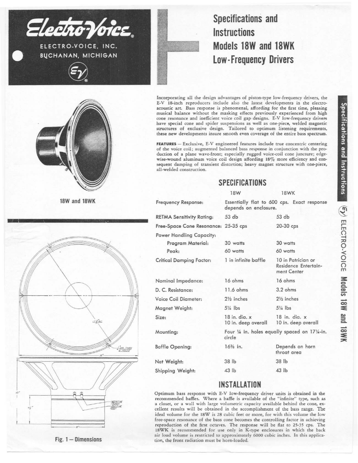 Electro-Voice 18W, 18WK User Manual