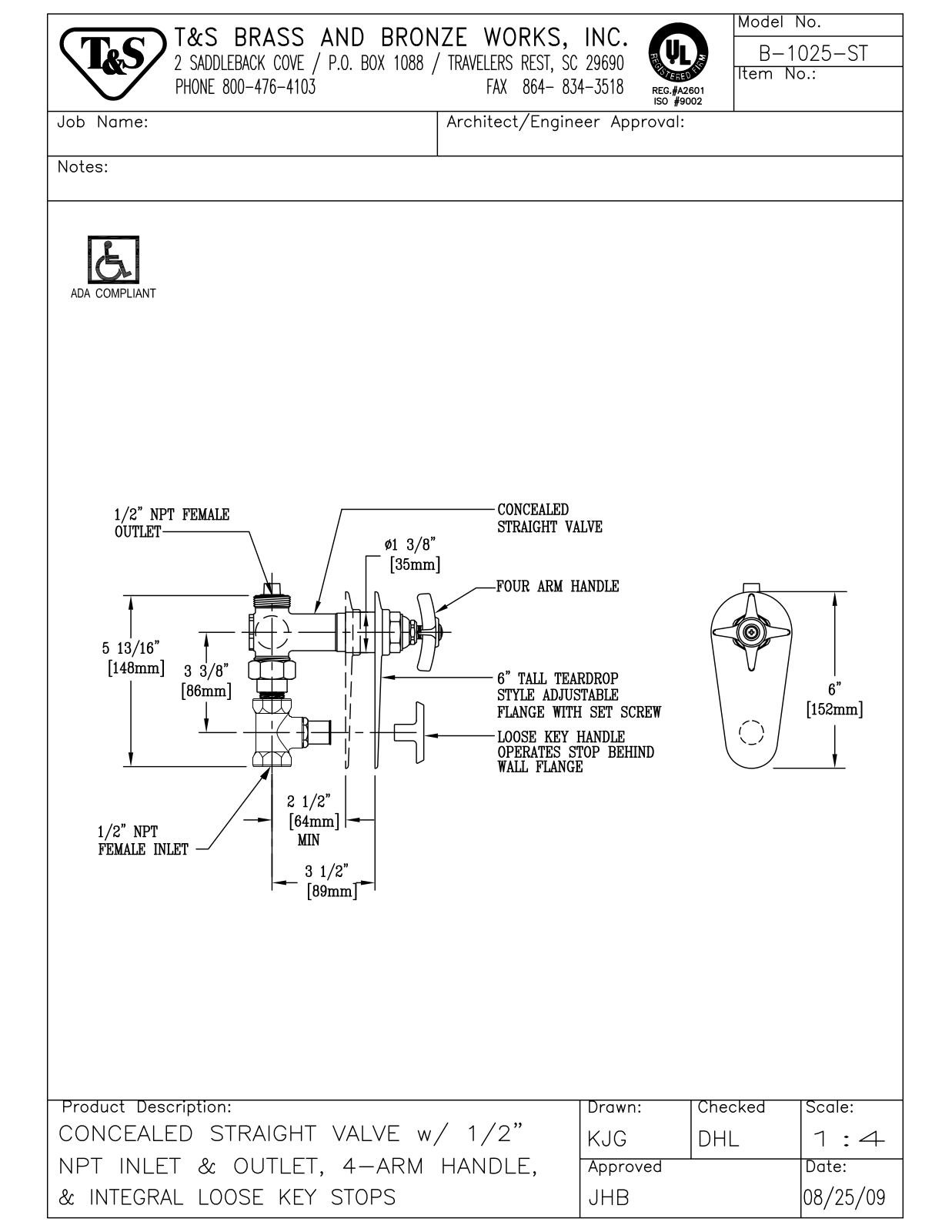 T & S Brass & Bronze Works B-1025-ST General Manual