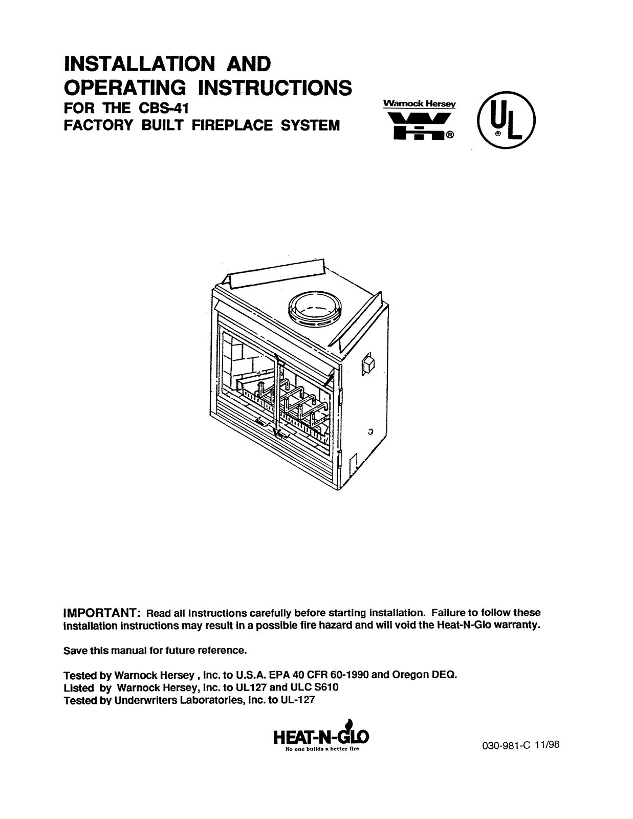 Heat & Glo CBS-41 Installation and operation guide