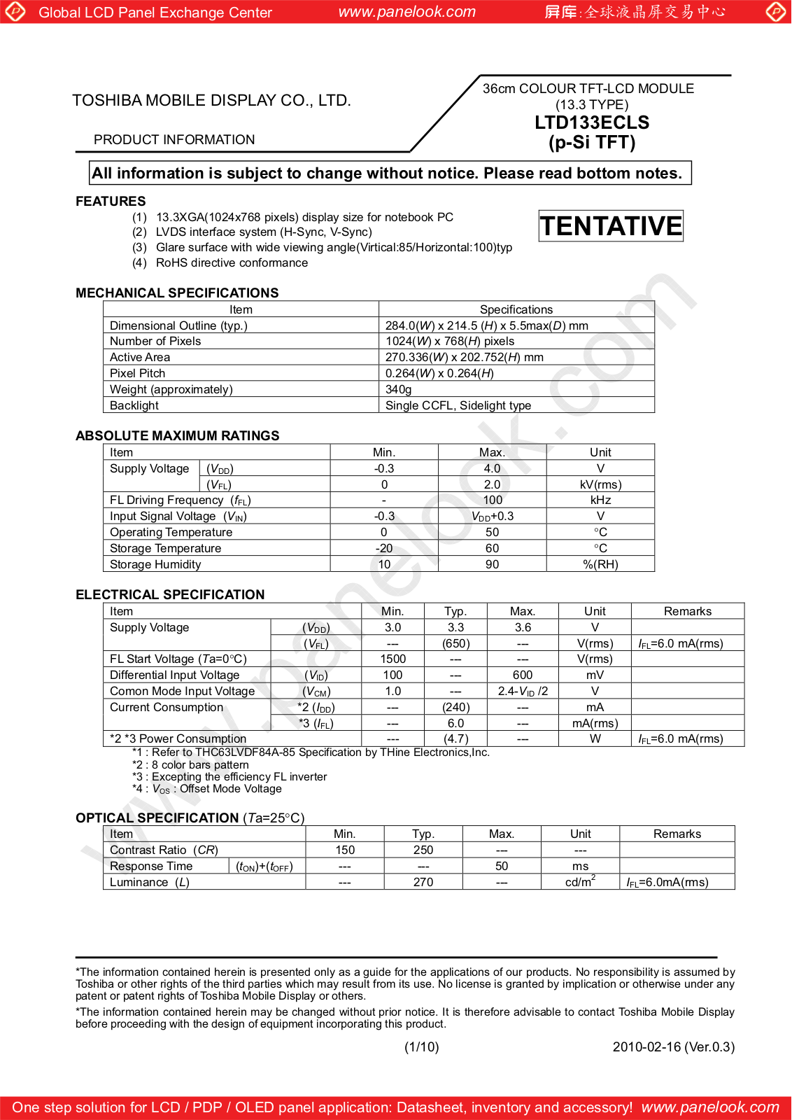 TOSHIBA LTD133ECLS Specification