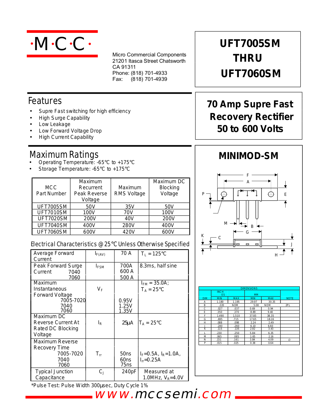 MCC UFT7040SM, UFT7020SM, UFT7010SM, UFT7005SM Datasheet