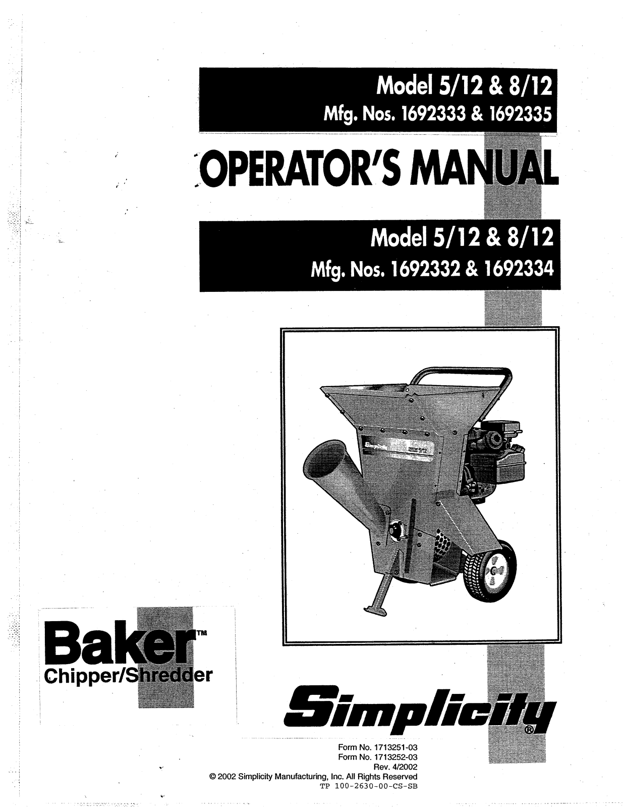 Simplicity Baker 5-12, Baker 8-12 User Manual