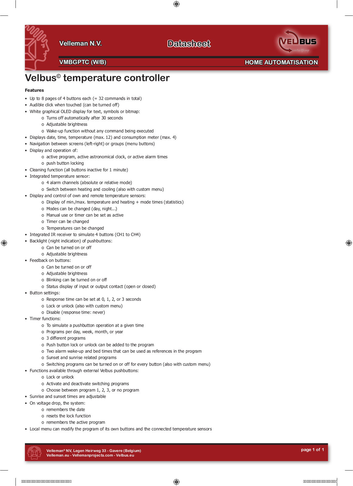 Velleman VMBGPTCx Datasheet