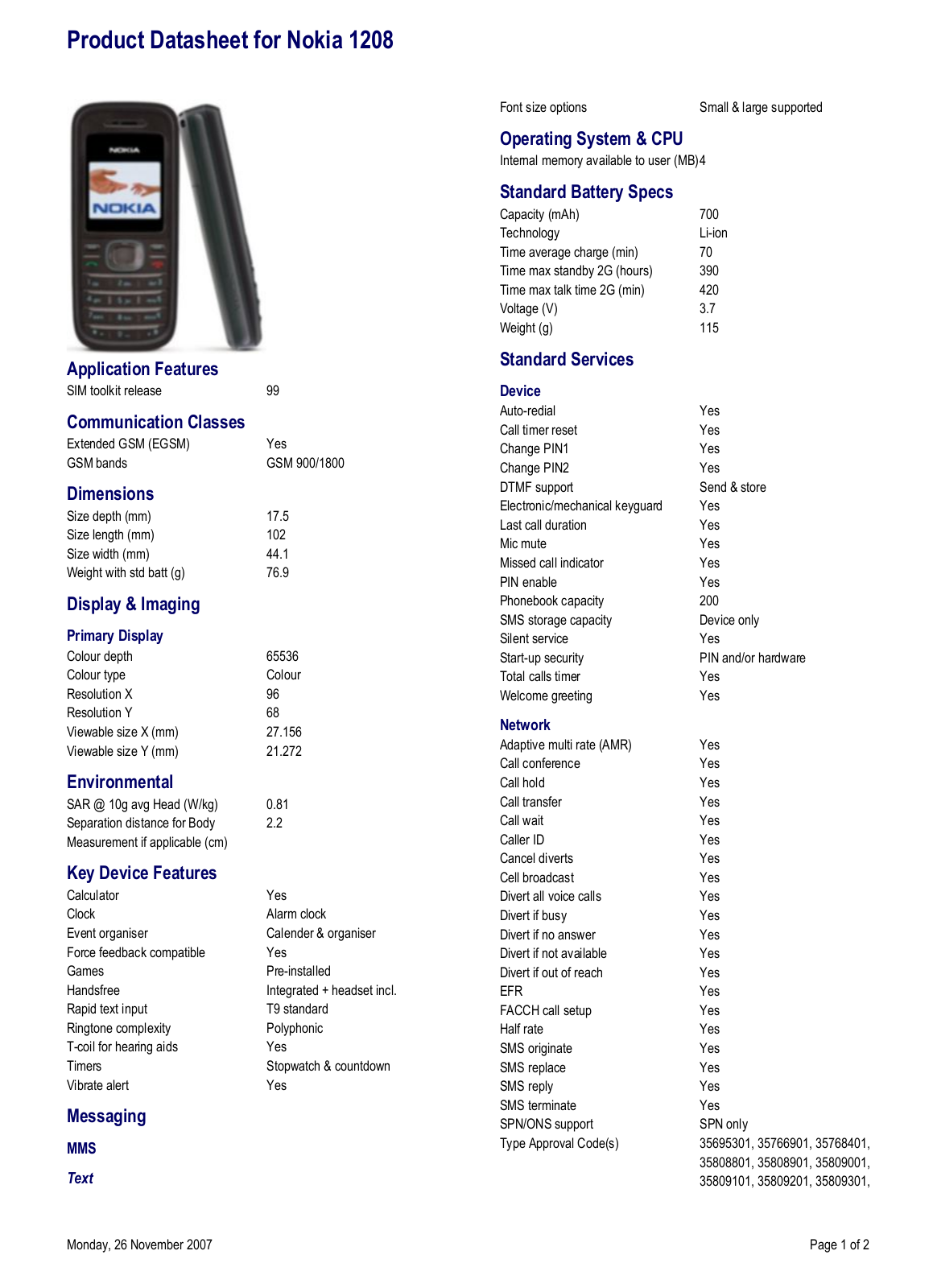 Nokia 1208 DATASHEET