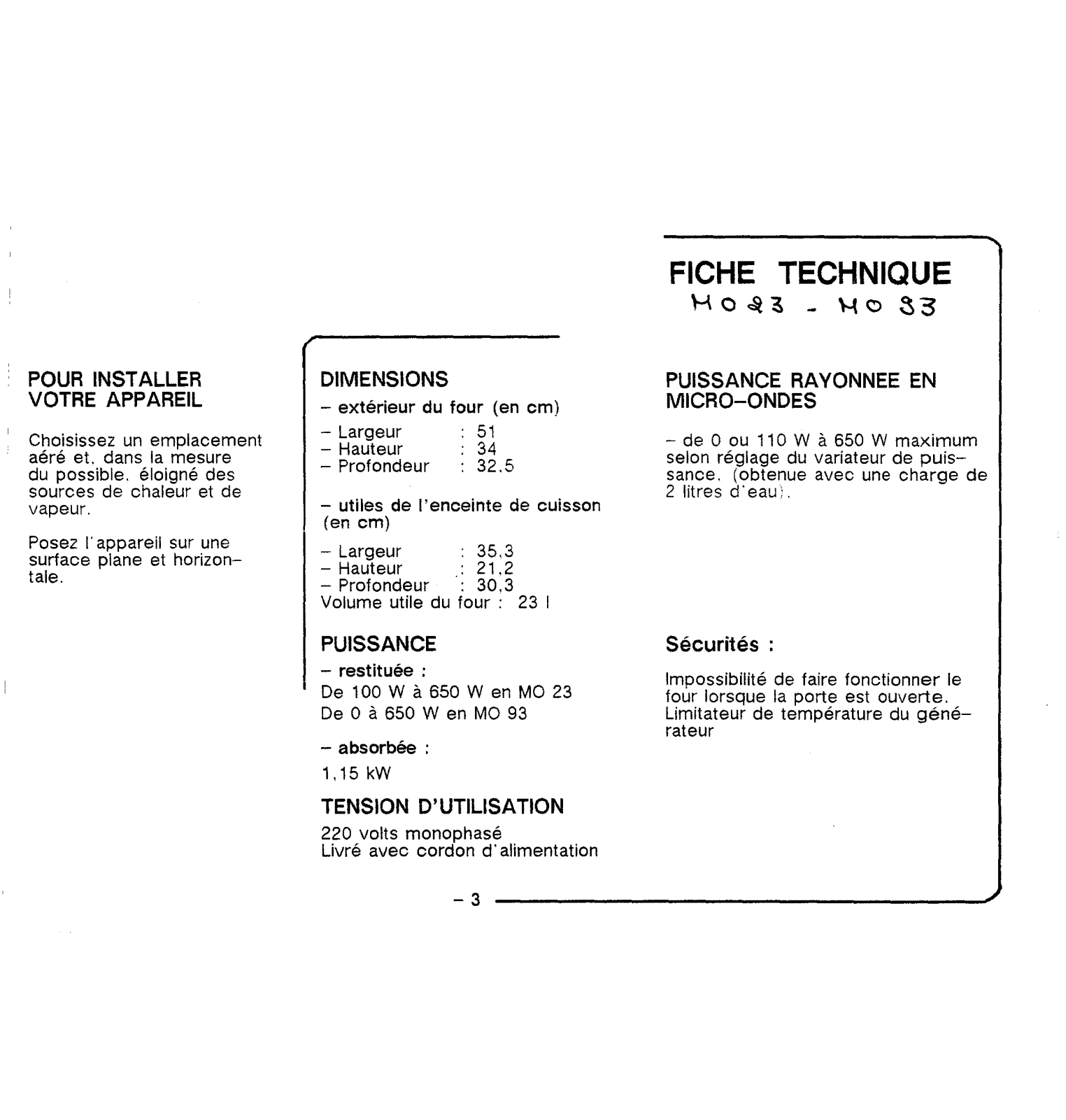 Rosieres MO 23, MO 93 User Manual