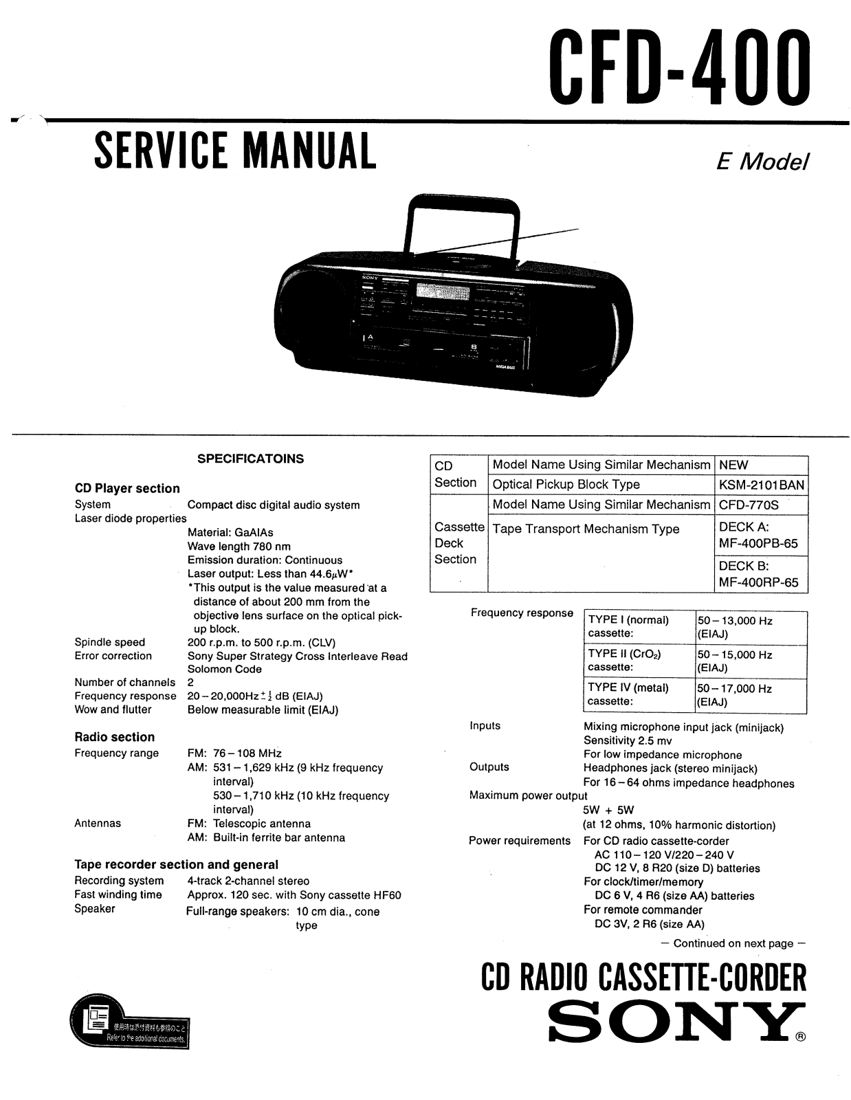 Sony CFD-400 Service manual