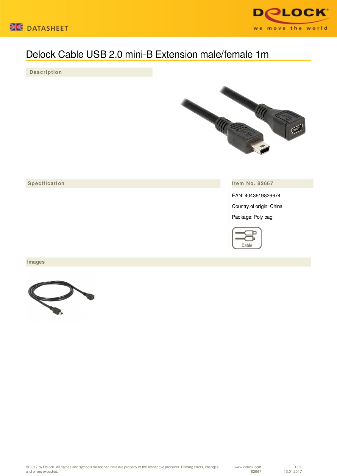 DeLOCK USB 2.0 cable mini-B 5-pin plug on socket, 1m User Manual