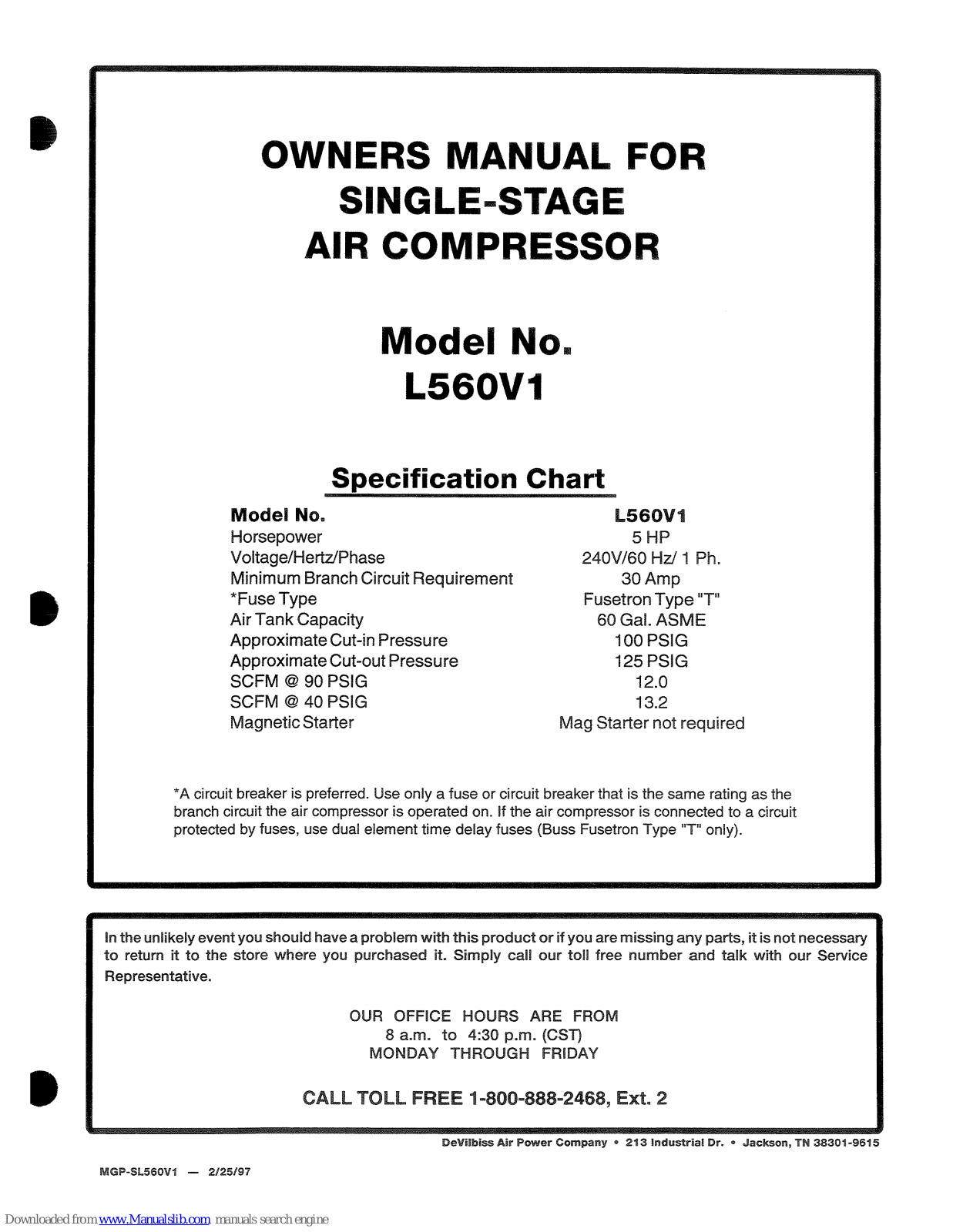 DeVilbiss L560V1 Owner's Manual