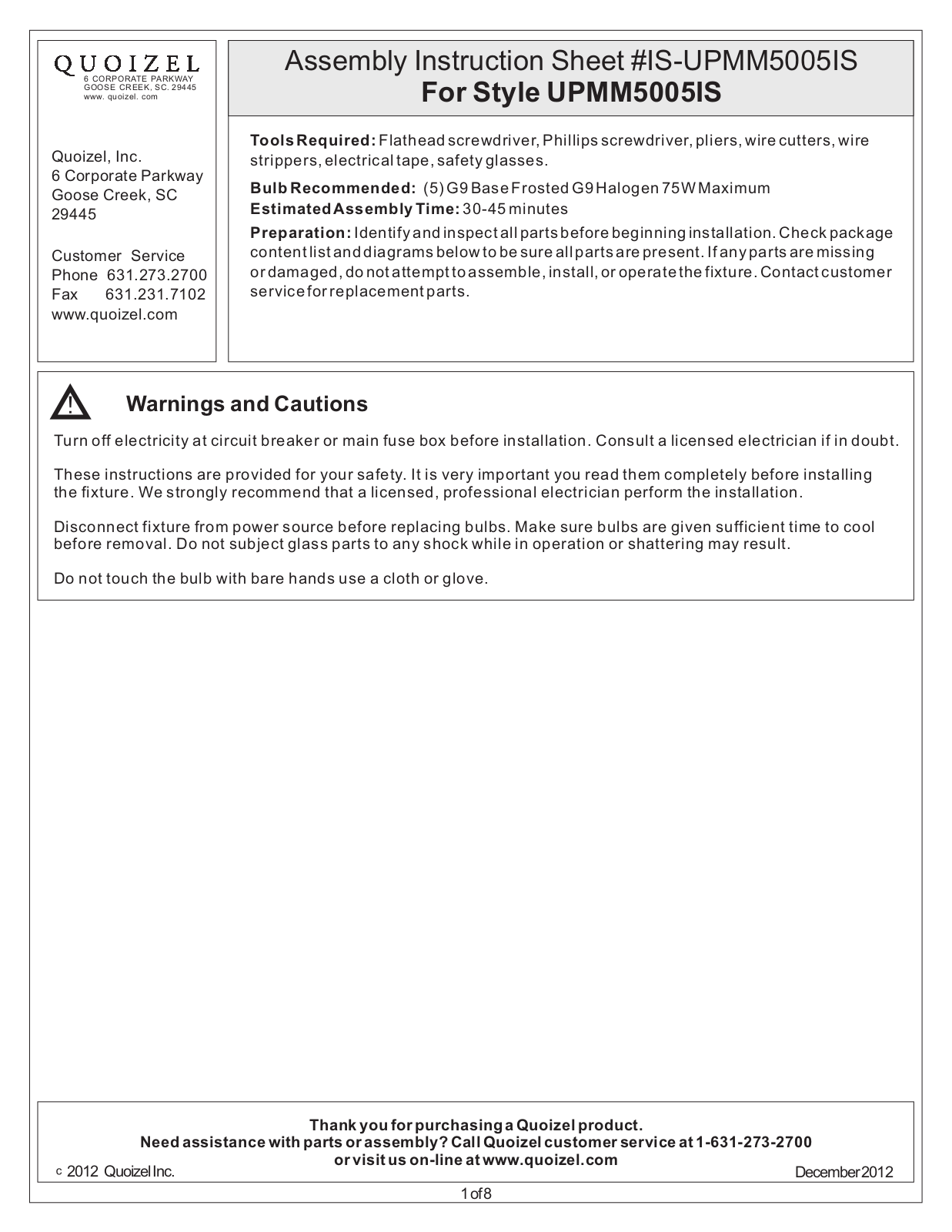 Quoizel UPMM5005IS User Manual