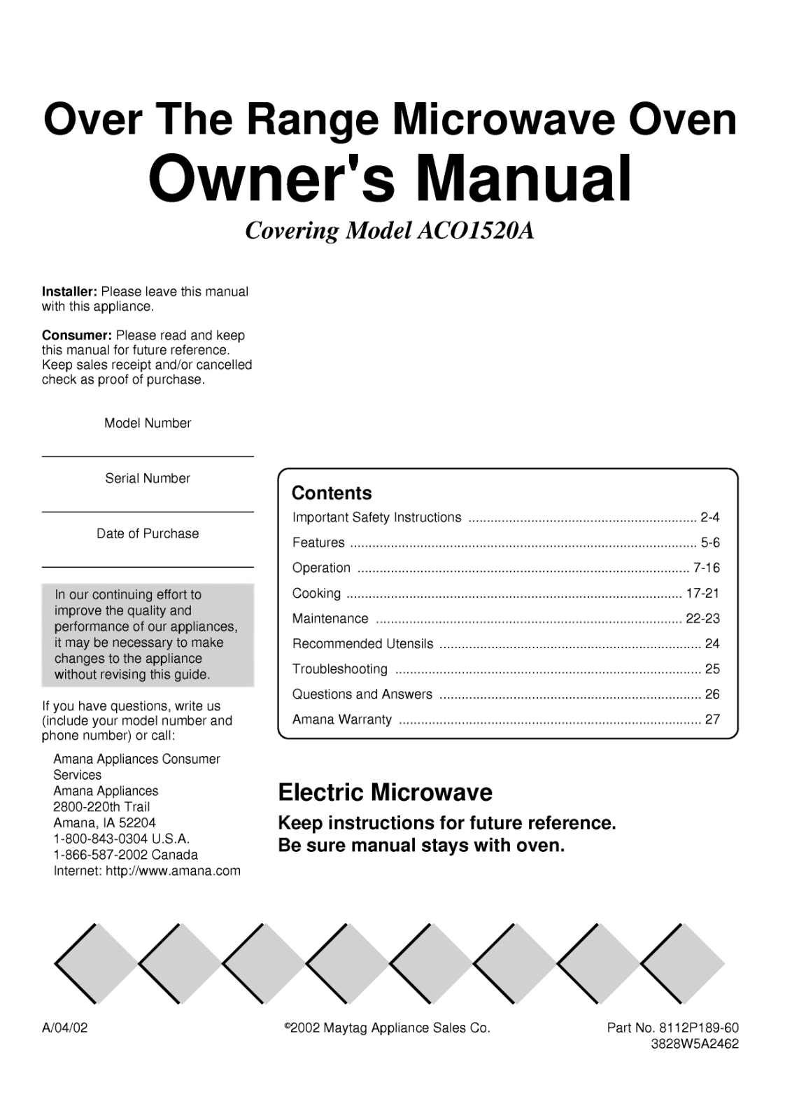 Amana Aco1520ab, Aco1520ac, Aco1520aw Owner's Manual