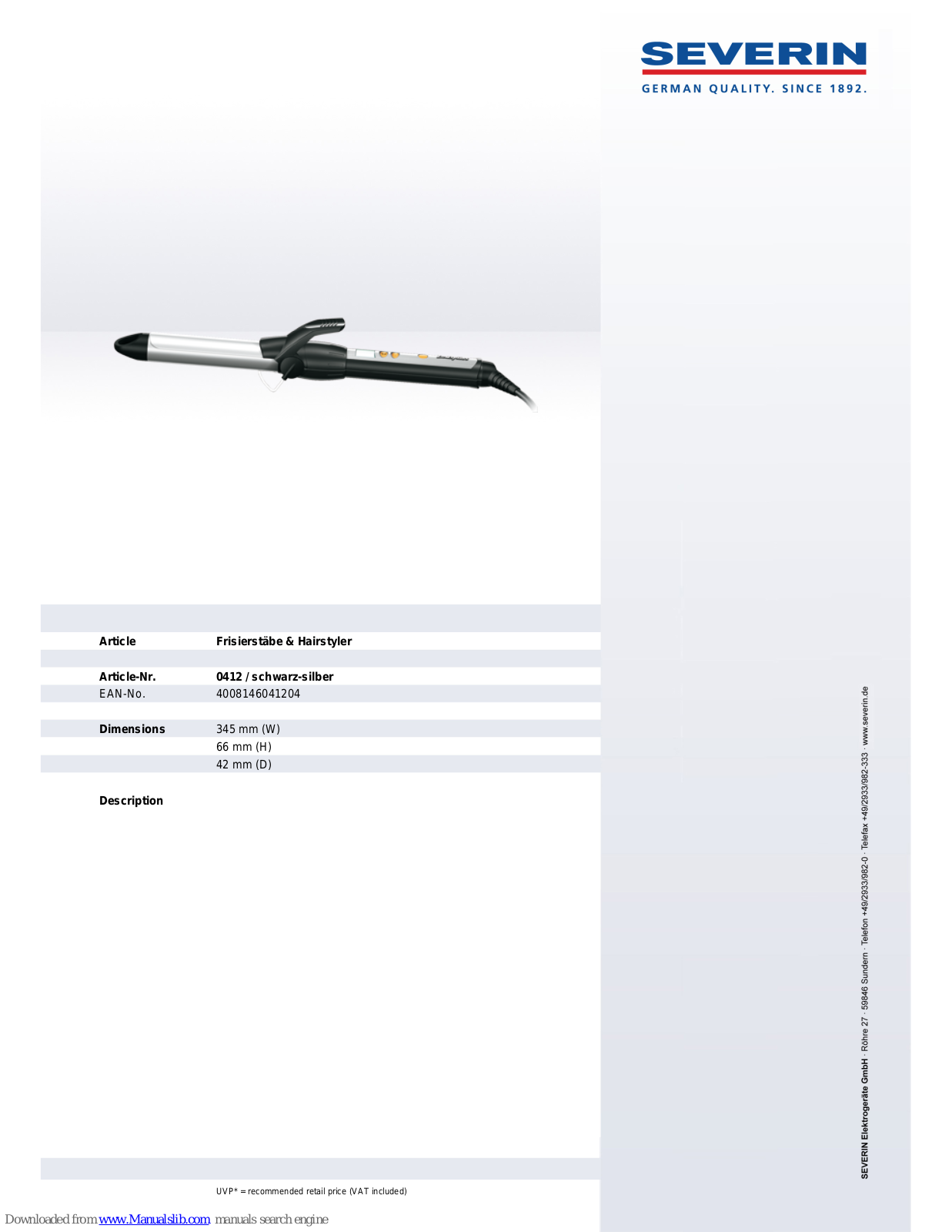 SEVERIN PRO 200 0412, 412 Dimensions