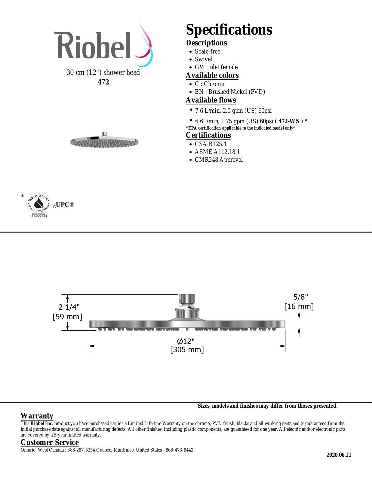 Riobel 472PNWS, 472BKWS, 472BNWS, 472CWS Specifications - ManualMachine.com