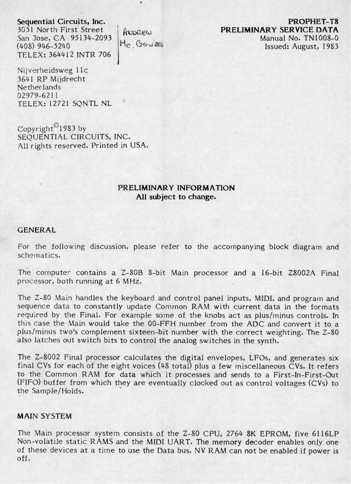 Sequential Circuits Prophet T8 User Manual