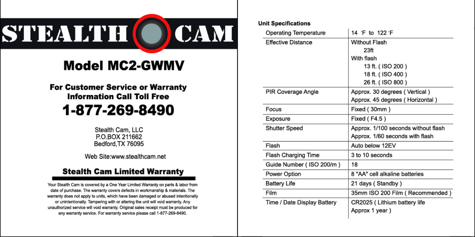 Stealth Cam MC-GWMV Instruction Manual