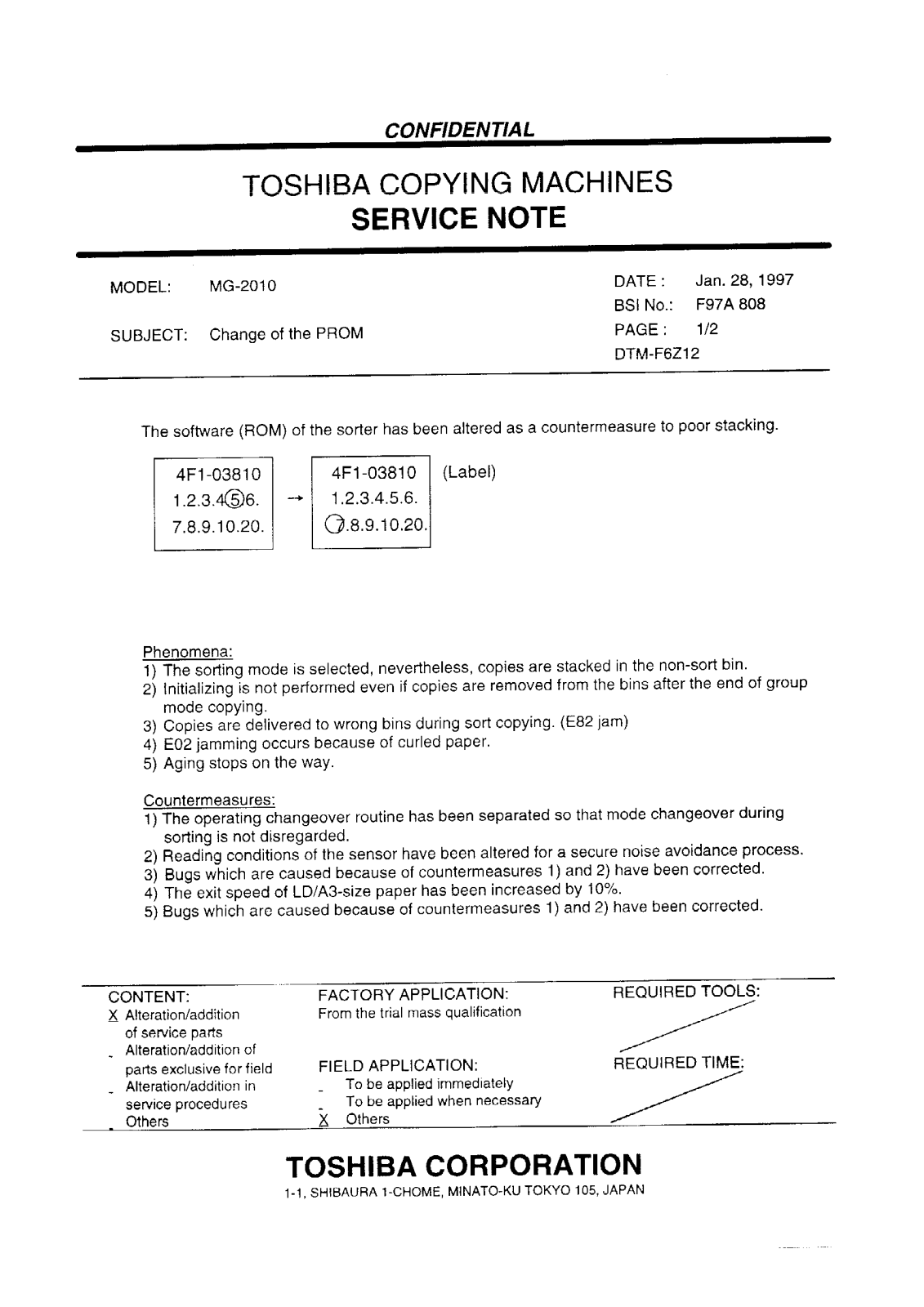 Toshiba f97a808 Service Note