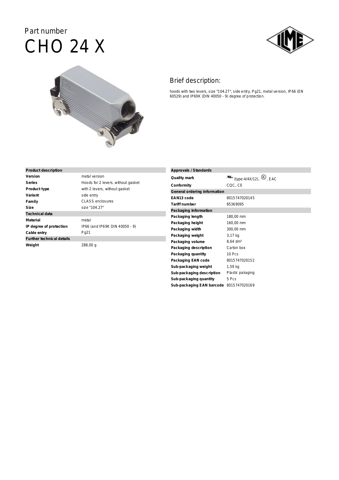 Datasheet CHO-24X Datasheet (ILME) - ManualMachine.com
