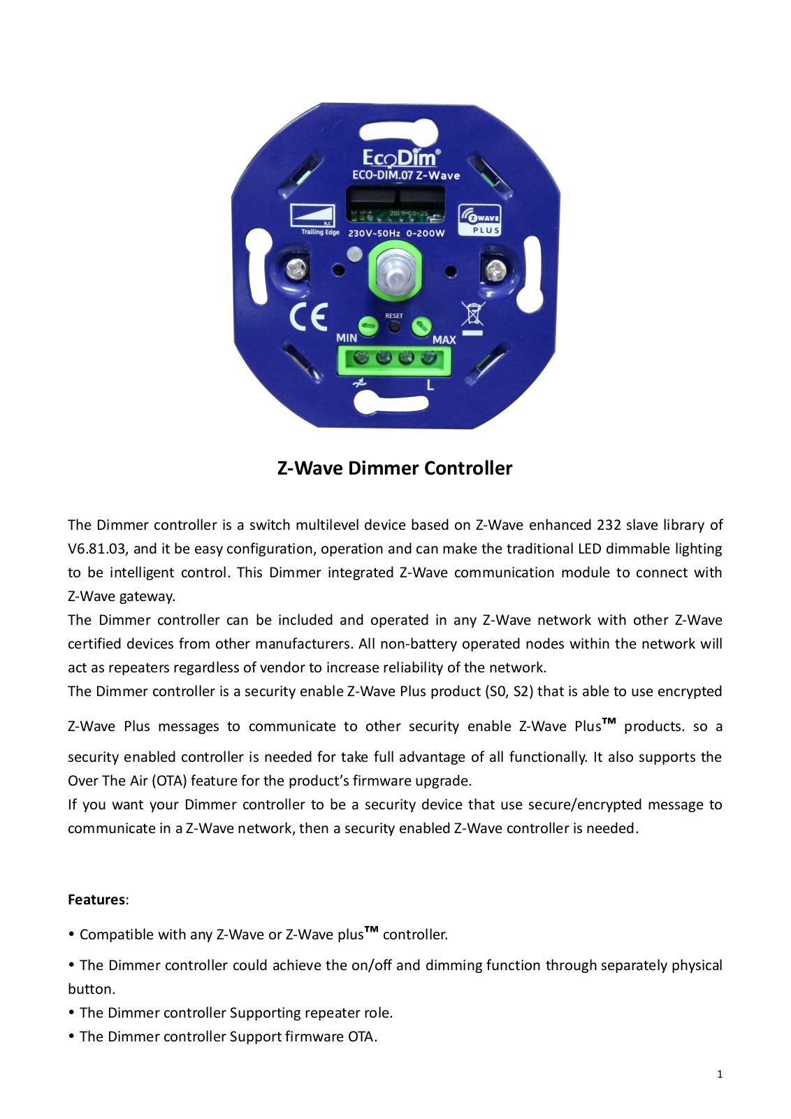 EcoDim Z-Wave Users guide