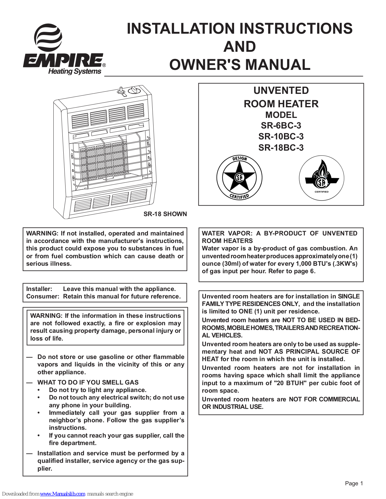 Empire Heating Systems SR-6BC-3, SR-18BC-3, SR-10BC-3 Installation Instructions And Owner's Manual