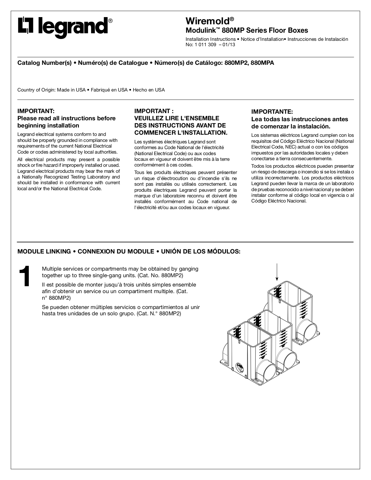 LEGRAND Wiremold Modulink 880MP Series, Wiremold Modulink 880MP2, Wiremold Modulink 880MPA Installation Instructions Manual